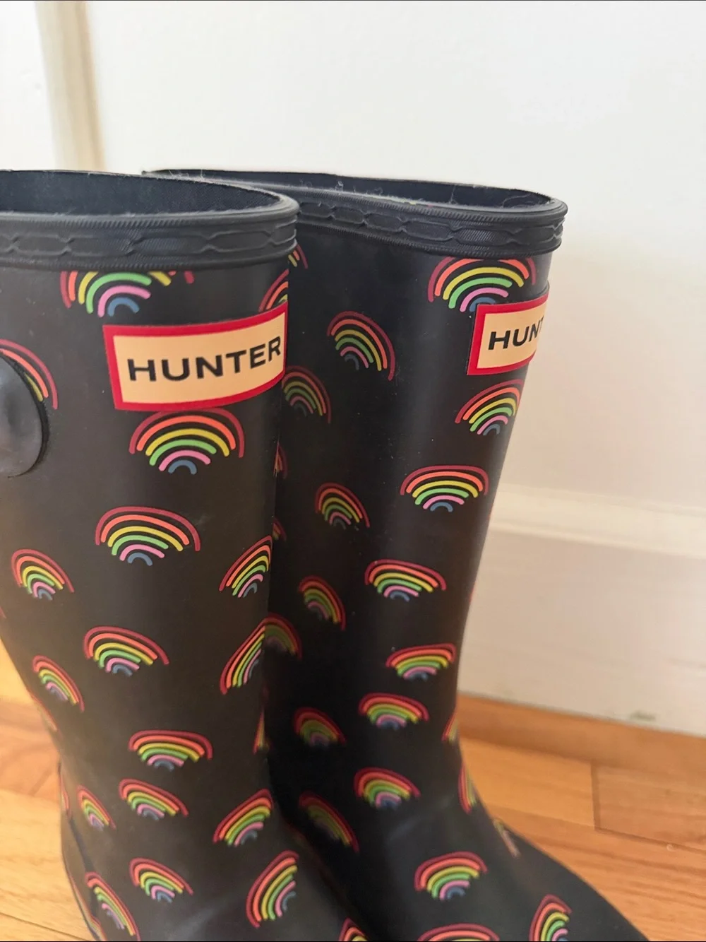 Hunter Black Rain Boots with Multicolored Rainbow Print